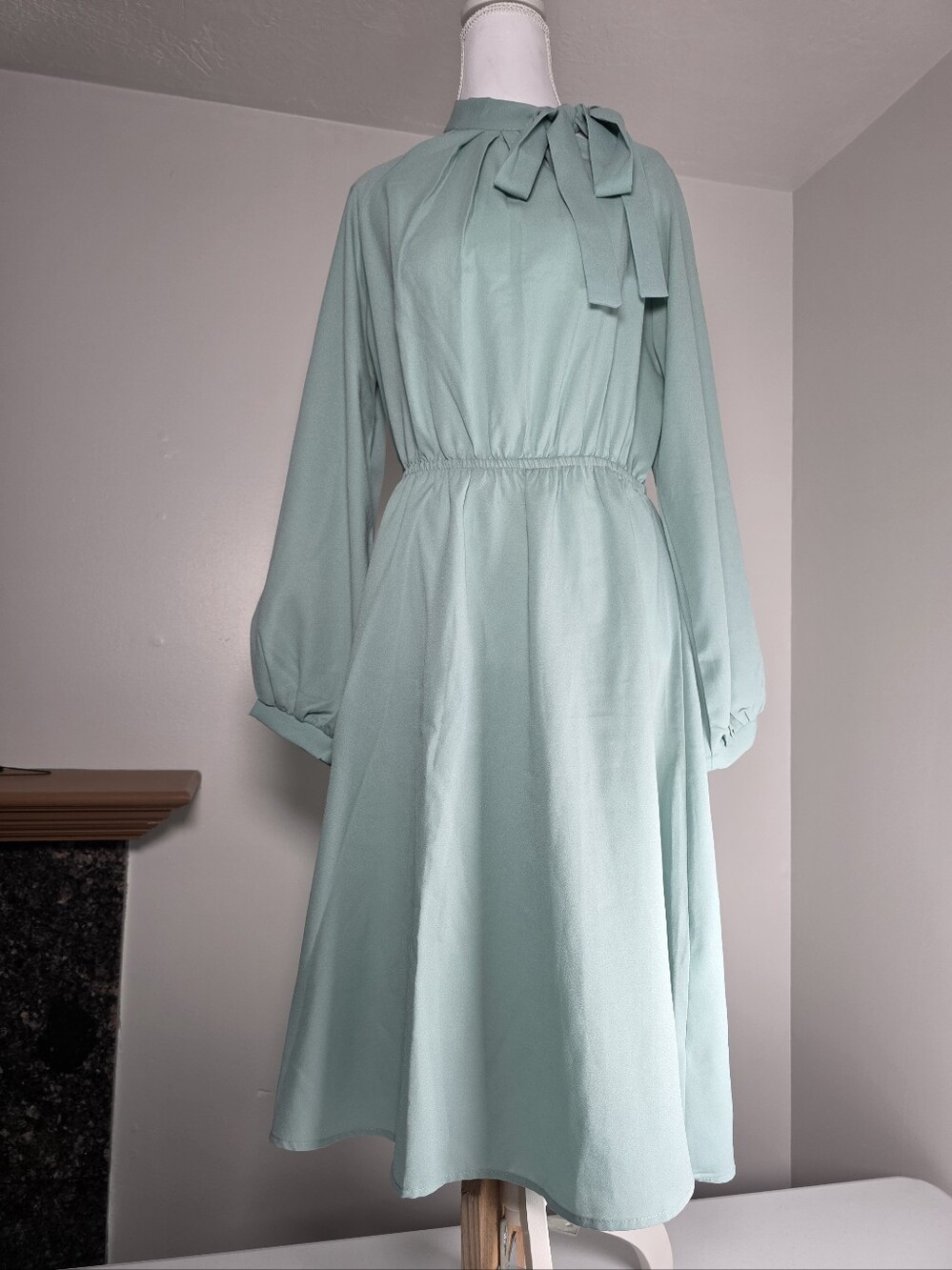 Long Sleeve Tie-Neck Midi Dress in Sage Green